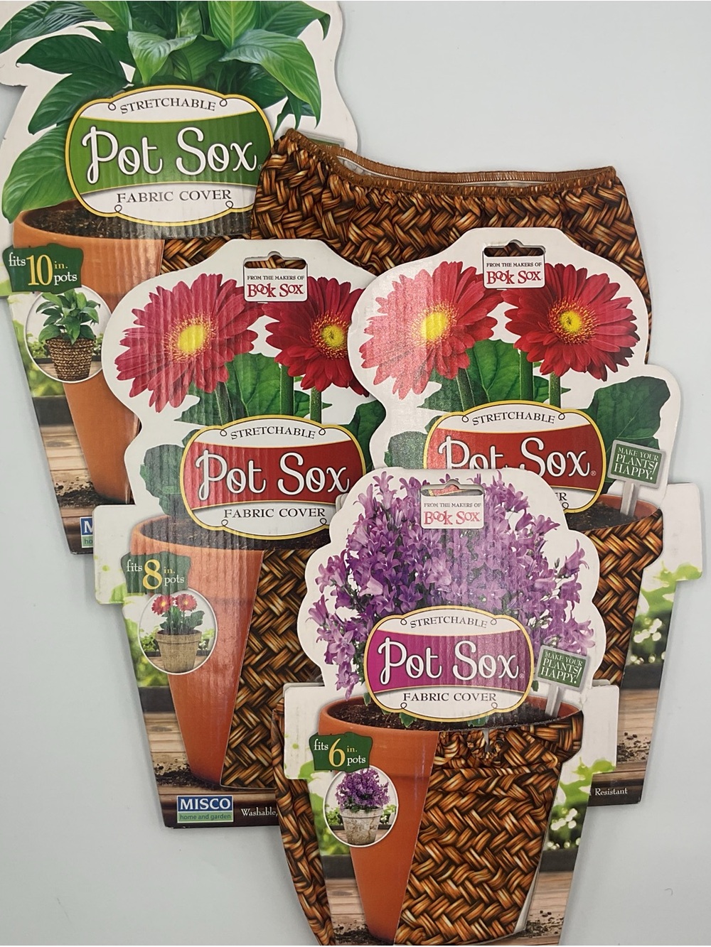 Lot x5 Pot Sox Cover  6”-10” Flower Pot Stretchable Washable Fabric Brown Wicker